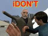 a man is pointing at another man in front of a sign that says ' idon 't ' on it