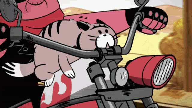 a cartoon cat is riding a motorcycle with the letter s on the back