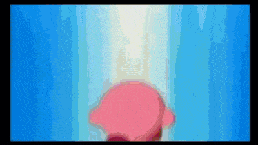 a pink cartoon character standing in front of a blue background