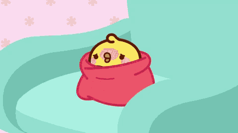 a cartoon of a chicken wrapped in a blanket holding a cup of tea .