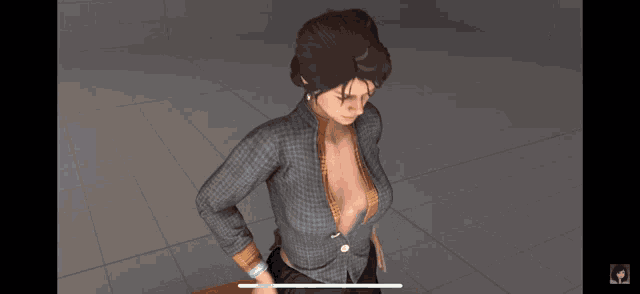 a woman in a plaid shirt with a light coming out of her mouth
