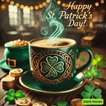 a greeting card for st. patrick 's day with a cup of coffee and shamrocks