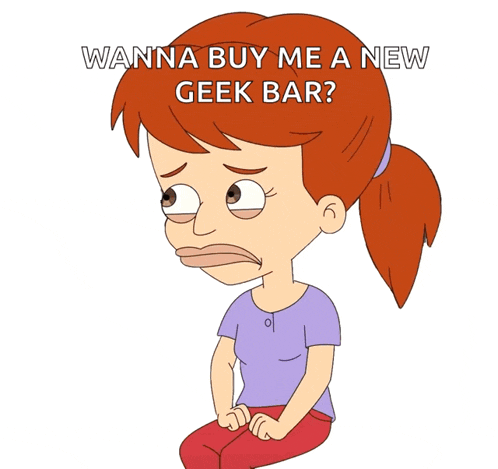 a cartoon of a girl sitting down with the words wanna buy me a new geek bar