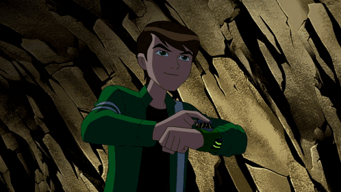 a cartoon character is wearing a watch that says ben 10 on it