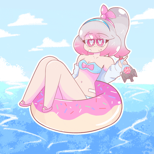 a drawing of a girl in a bikini floating on a donut shaped float