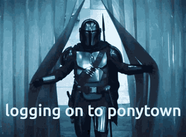 a man in armor is standing in front of a curtain with the words " logging on to ponytown " above him