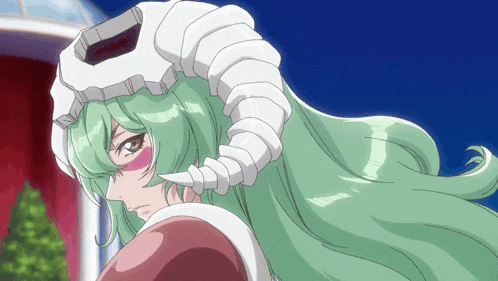 a drawing of a girl with green hair and a skull on her head
