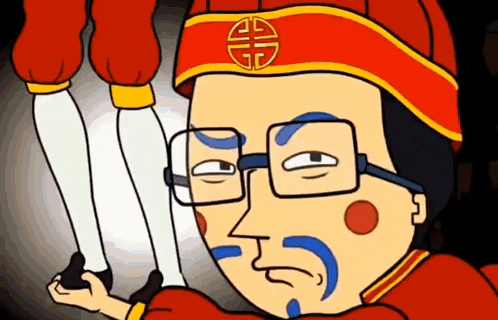 a cartoon of a man wearing glasses and a red hat with a symbol that says gd