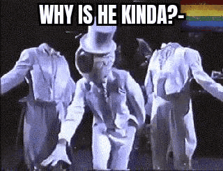 three ghosts in suits and top hats are dancing on a stage with a rainbow flag in the background .