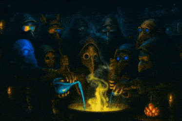 a painting of a group of people in masks pouring liquid into a cauldron