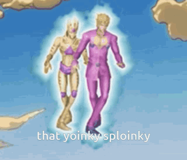 a couple of cartoon characters standing next to each other with the words that yoinky sploinky written below them .