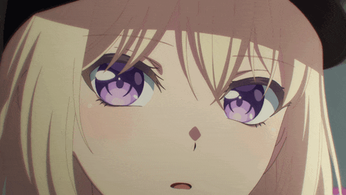 a girl with blonde hair and purple eyes is wearing a hat