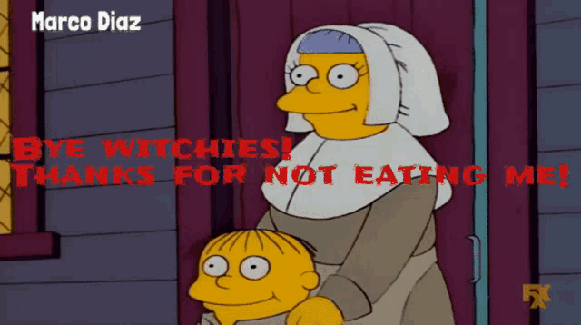 a cartoon of a nun and a boy with the words bye witchies thanks for not eating me