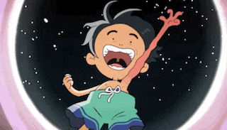 a cartoon of a boy standing in a circle with his mouth open and a long arm .