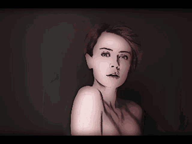 a drawing of a woman without a shirt with her finger to her mouth