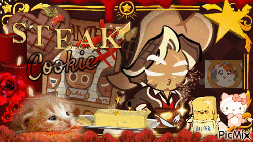 a picture of a steak cookie cookie and a kitten