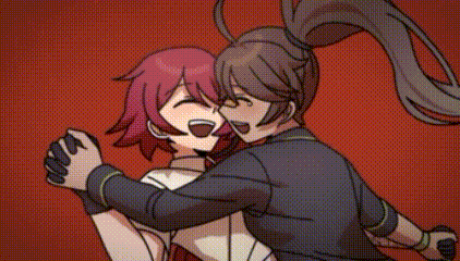 a couple of anime characters are hugging each other with chinese writing in the background