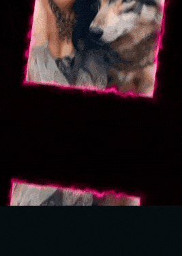 a woman is standing next to a wolf in a picture frame