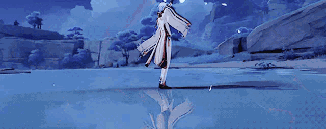 a video game character is holding a sword in a snowy landscape