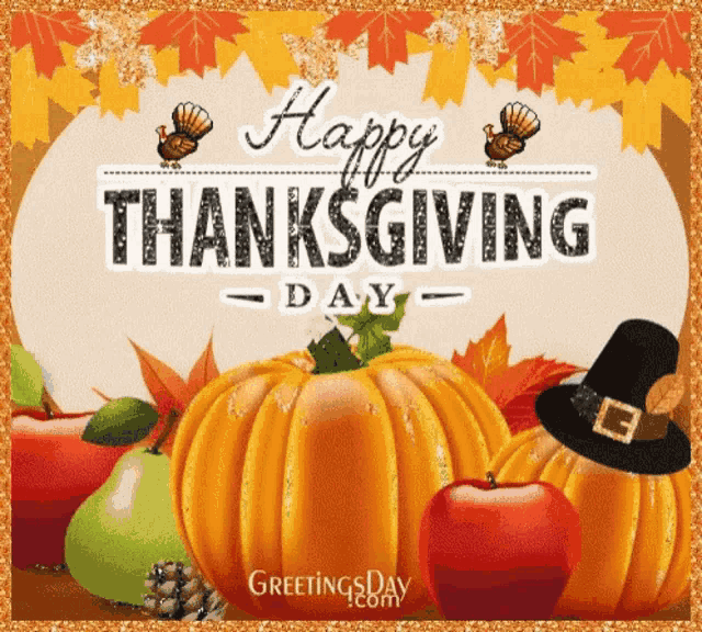 a happy thanksgiving day greeting card with pumpkins apples and turkeys