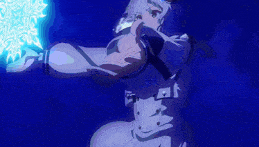 a girl in a white coat is holding a blue object in her hands .