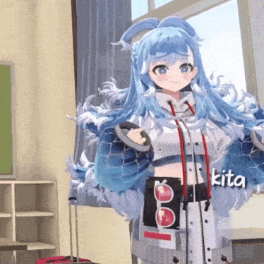 a girl with blue hair is standing in front of a window with the word kita written on the bottom right