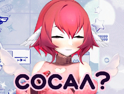 a girl with red hair and white wings says cocaa on the bottom