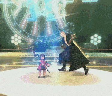 a man and a girl are dancing on a stage in front of a large clock