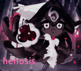 a cartoon character is holding a cherry and the word hemosis is below it