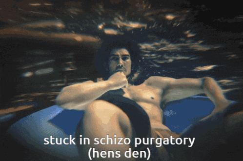 a picture of a man with the words stuck in schizo purgatory ( hens den ) below him