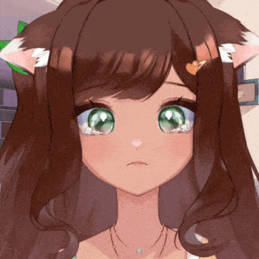 a girl with brown hair and green eyes has a heart on her hair clip