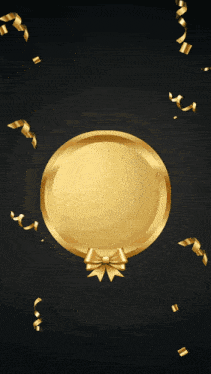 a black background with gold confetti and the words happy birthday written in gold balloons