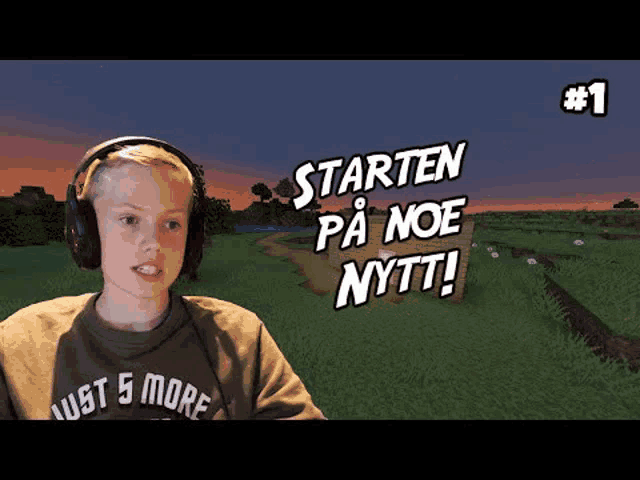 a young boy wearing headphones and a shirt that says just 5 more is playing minecraft .