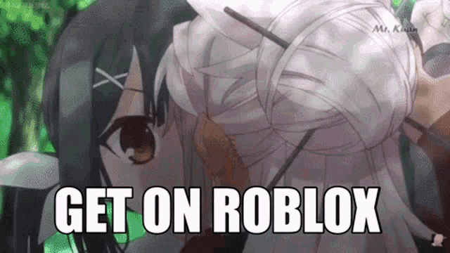 a picture of a girl with the words get on roblox on the bottom