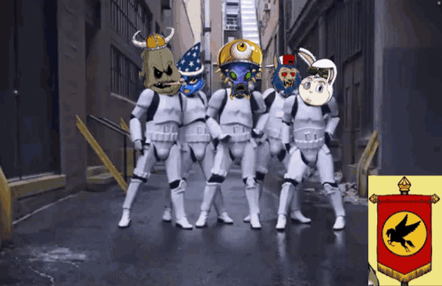 a group of stormtroopers standing next to each other in a narrow alleyway