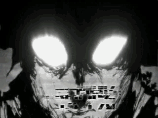 a black and white drawing of a monster with glowing eyes and the word ' evil ' on the bottom