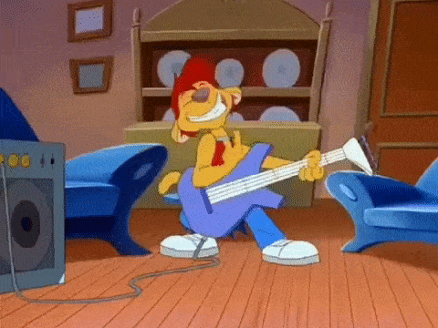 a cartoon character playing a guitar in a living room
