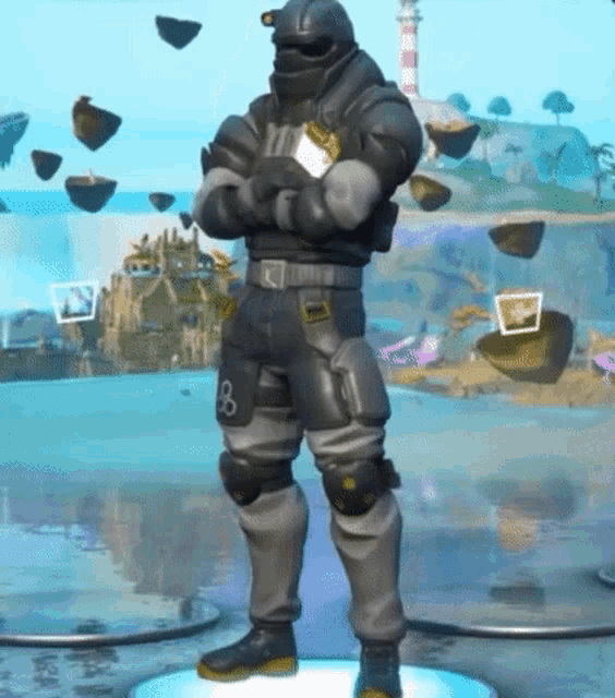 a man in a military uniform is standing with his arms crossed in front of a lighthouse in a video game .