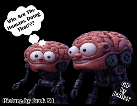 two cartoon brains standing next to each other with a speech bubble that says why are the humans doing that