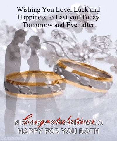 a couple of wedding rings with the words wishing you love luck and happiness to last you today