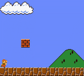 a pixel art of mario jumping over a mushroom and a brick
