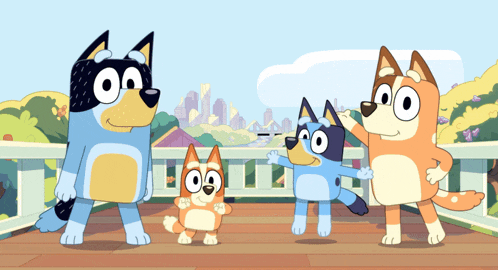 a family of cartoon dogs are standing on a deck