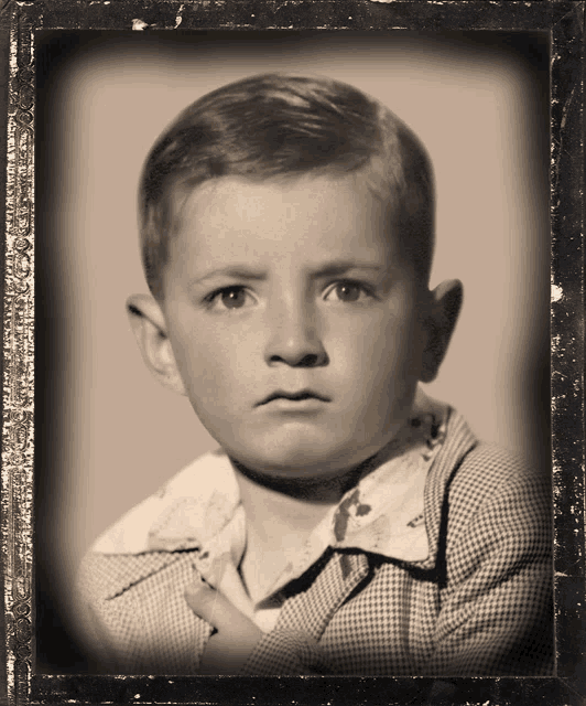 a young boy in a plaid shirt is looking at the camera