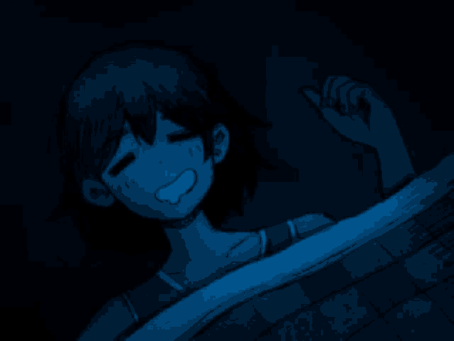 a blue and black drawing of a girl laying in bed