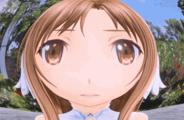 a close up of a girl 's face with a white dress on