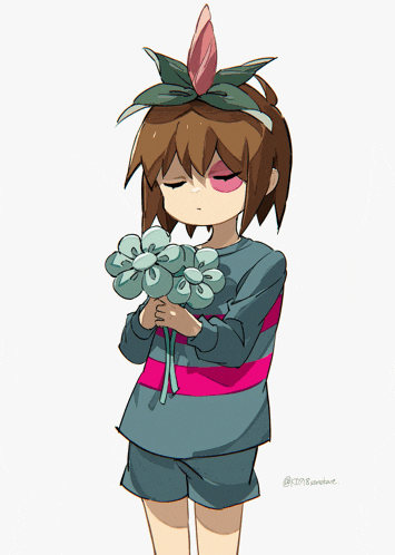 a drawing of a girl with a flower on her head holding flowers