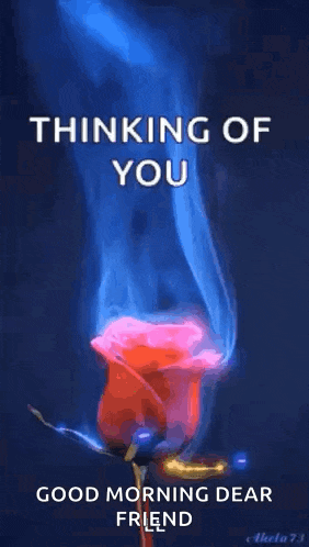 a red rose with blue smoke coming out of it and the words `` thinking of you good morning dear friend ''