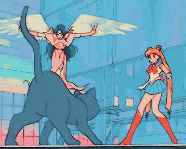 a woman in a pink dress is standing next to a cat with wings