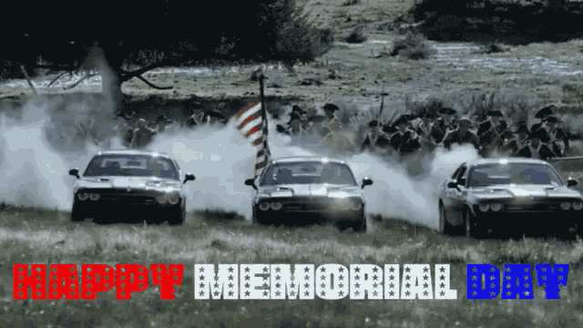 three cars are driving down a grassy field with the words happy memorial day written in red white and blue