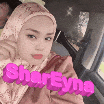 a woman wearing a hijab is sitting in a car with the word shareyma written in pink